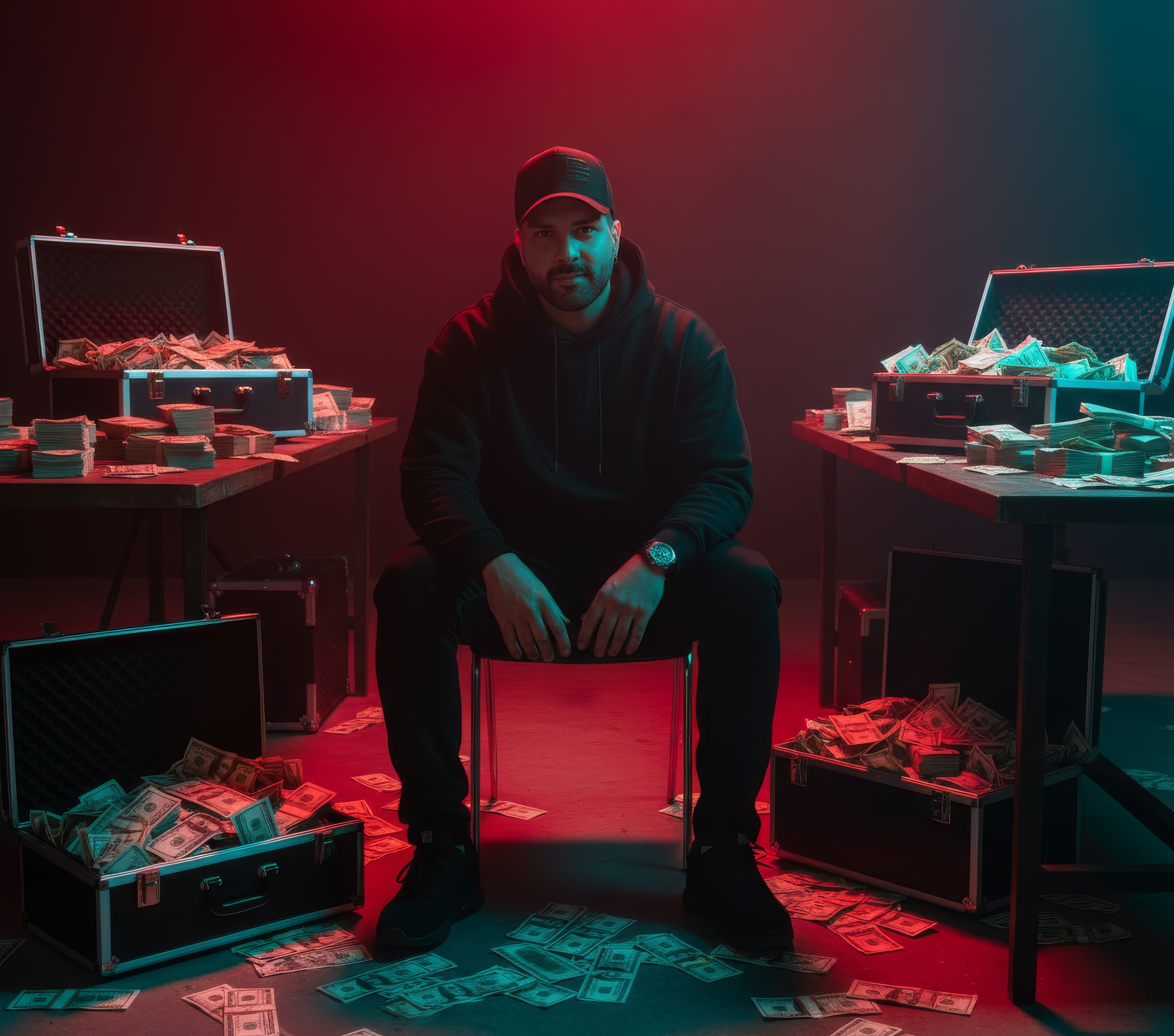 Intense Scene: Man in Red-Lit Room with Cash
