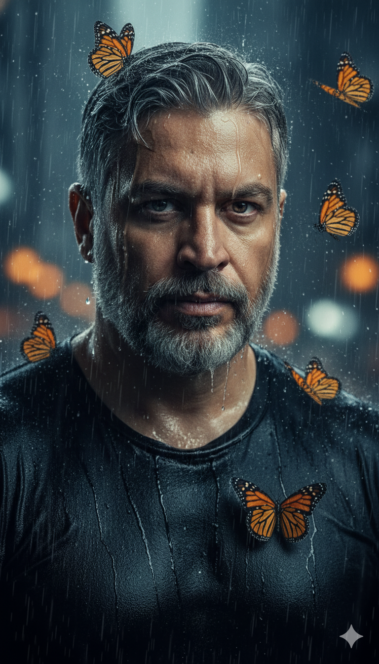 Intense Gaze in Nighttime Rain: Cinematic Portrait