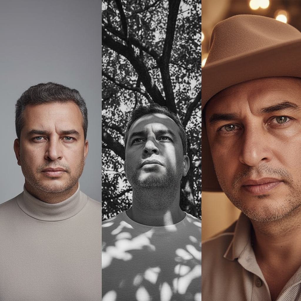 High-Fashion Editorial Portrait in 3x1 Grid