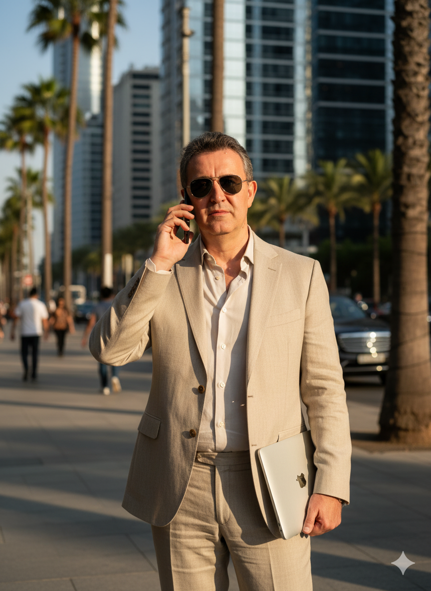 Stylish Man in Beige Suit with MacBook Outdoors