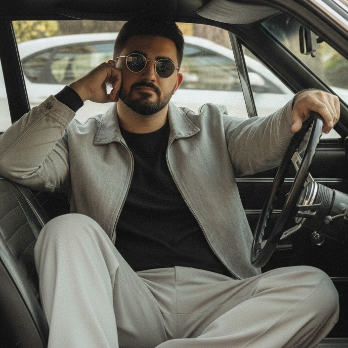 Realistic Portrait: Confident Man in Car