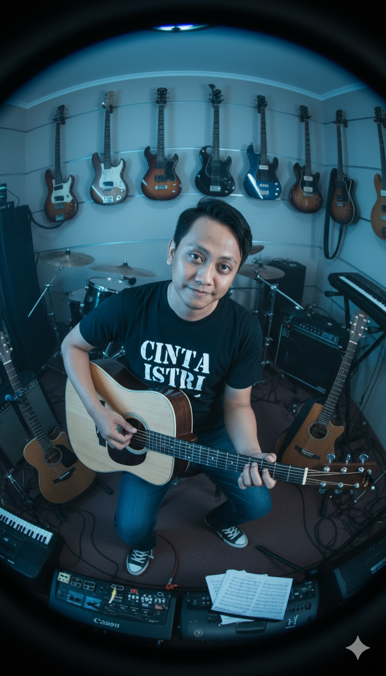 Hyperrealistic Portrait: Musician Playing Guitar in Room