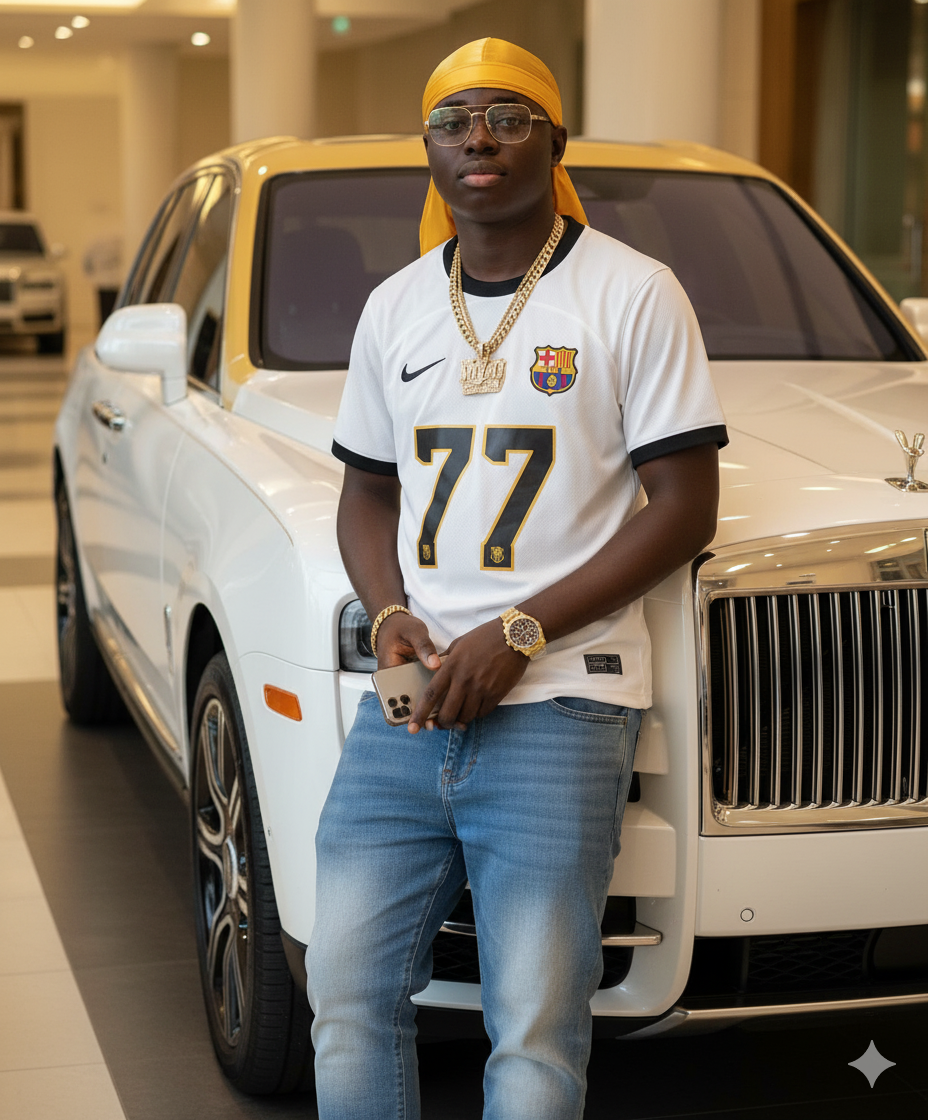 Stylish Black Man Posing with Luxurious Rolls Royce
