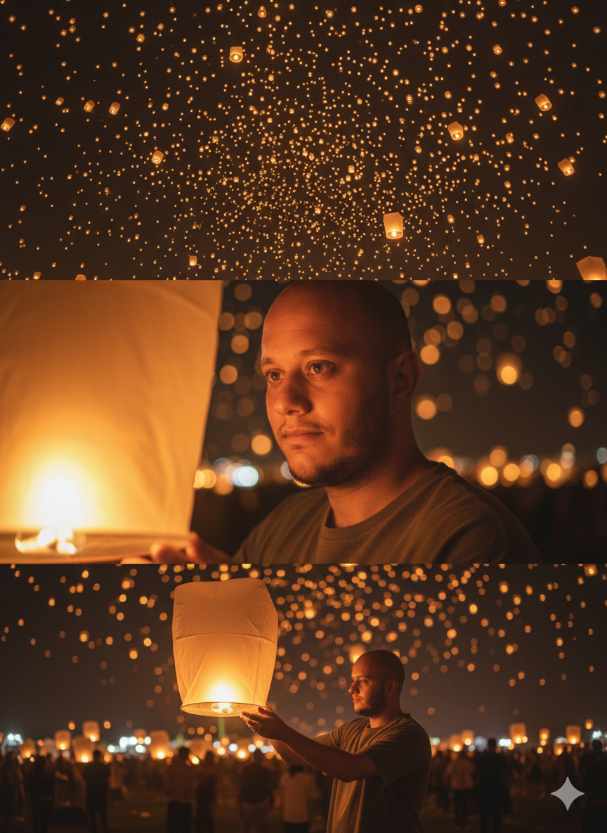 Tranquil Portrait: Nighttime Reflections in Triple Image