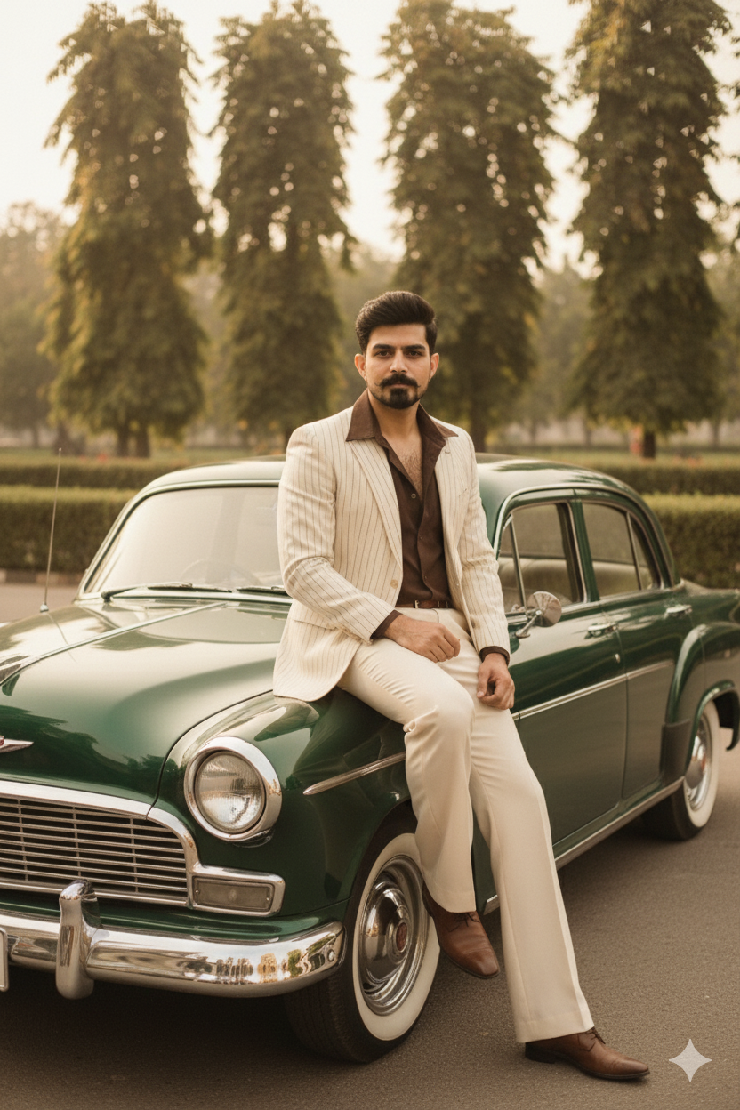 1970s Bollywood Vintage Mafia Style: Stylish Man on Classic Car