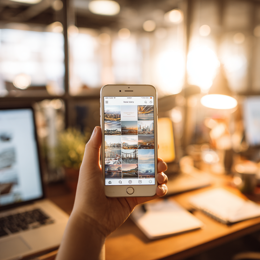 Creative Close-Up of a Hand Holding a Smartphone in a Modern Workspace