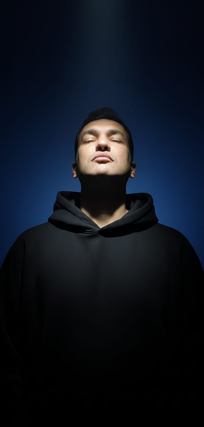 Eerie Portrait: Hooded Figure in Cinematic Blue