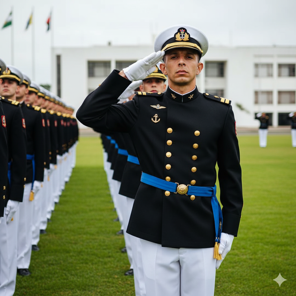 Uniformed Cadets Saluting Outdoors with Flags