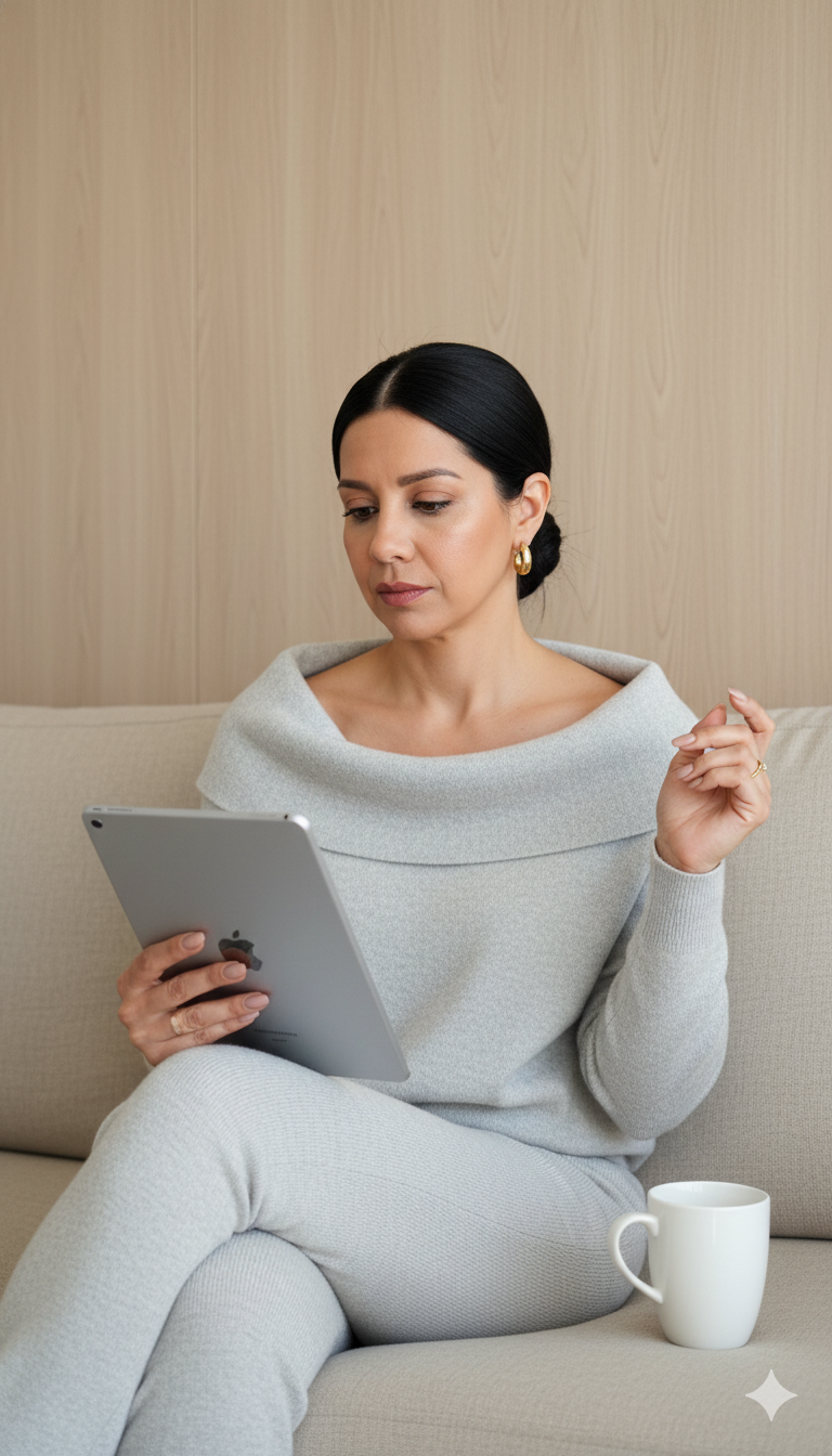 Modern Editorial: Elegant Brunette on Linen Sofa