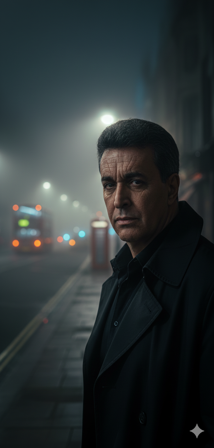 Cinematic Noir: Sharp-Focused Figure in London Fog