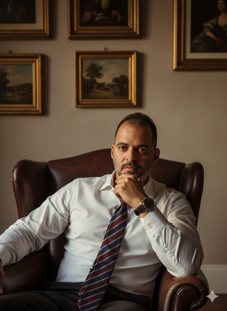 Hyper-realistic Portrait: Seated Elegance in Classic Setting