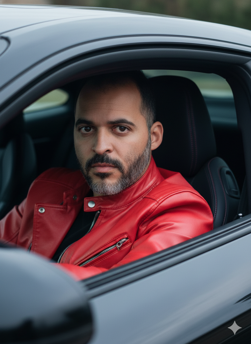 Hyper-realistic recreation of character in sports car scene