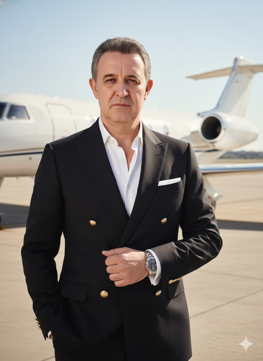 Crafting a Distinguished Portrait: Man Beside Private Jet