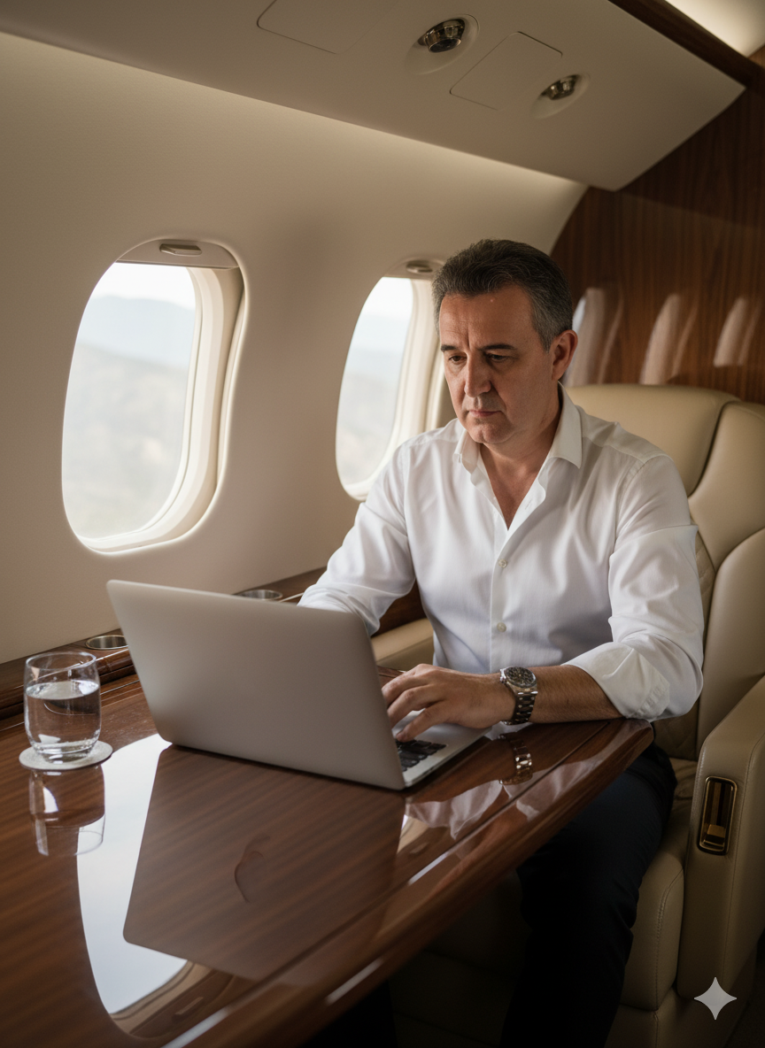Private Jet Portrait: Stylish Man Working on Laptop
