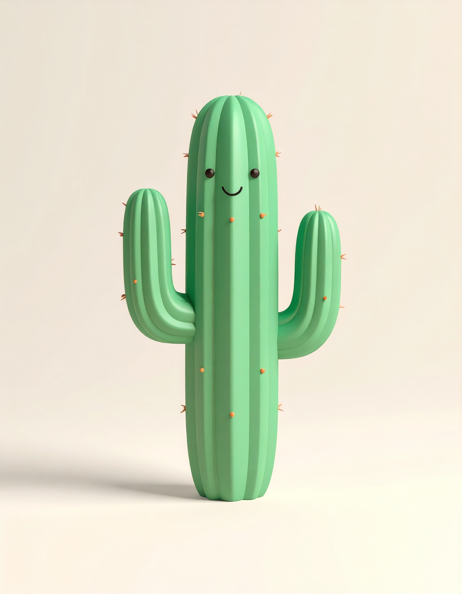 Cute isometric 3D icon of a pastel mint green cactus with subtle smiling features, designed in clay texture. Soft lighting highlights the shape, set against a pale cream background. Clean composition 