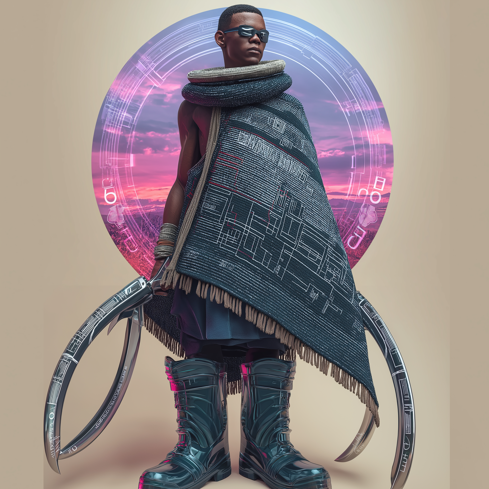 Cyberpunk Basotho Warrior in an Apocalyptic Landscape