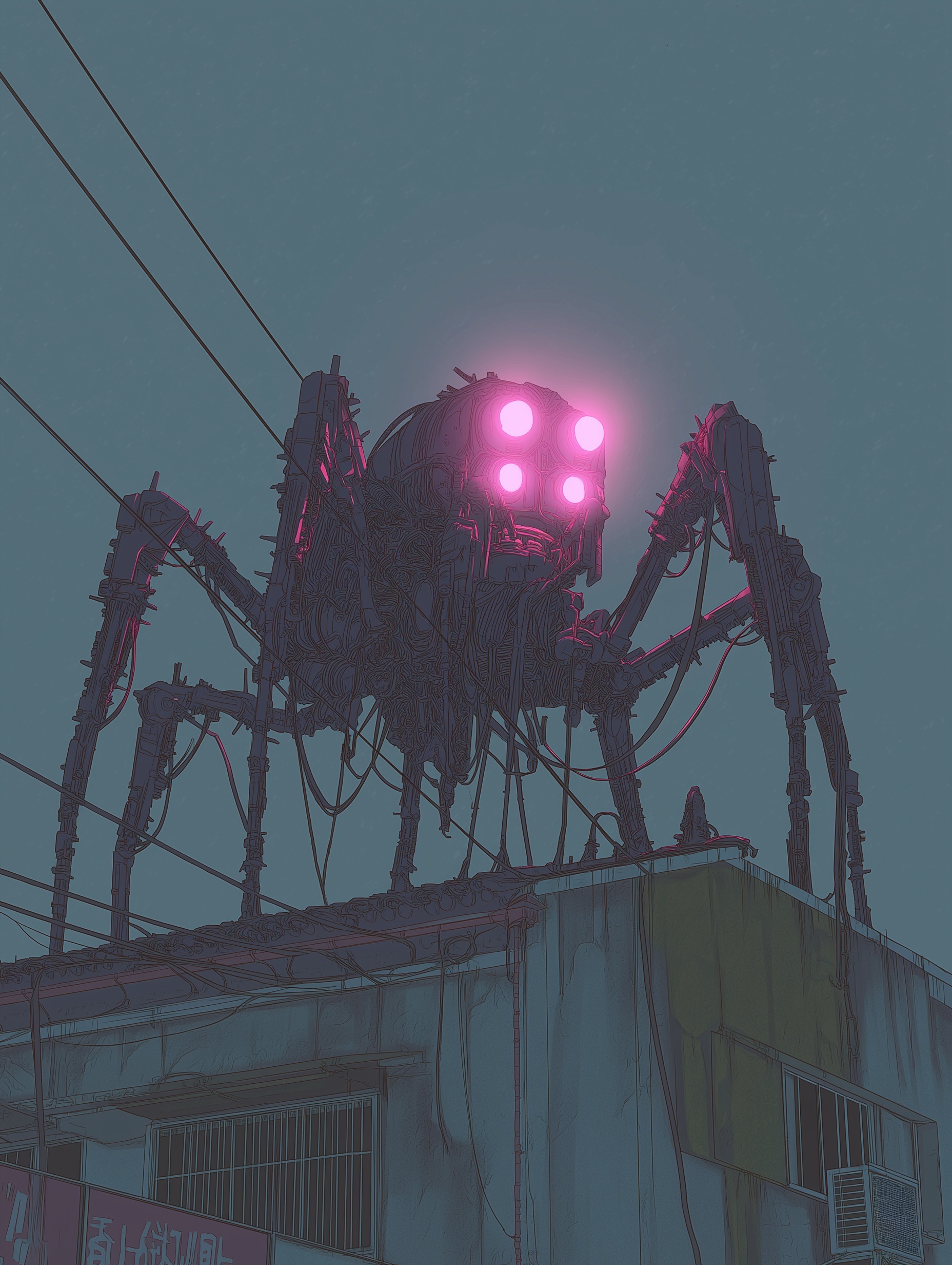 Cyberpunk Giant Spider Overlooks Ancient Skyline