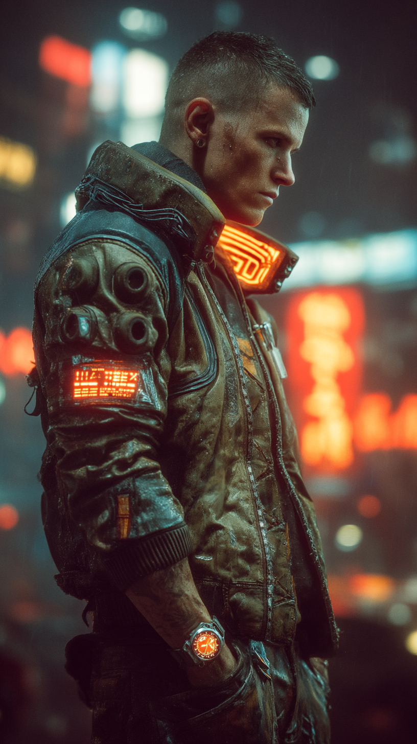 Cyberpunk Hero Portrait in Neon-Lit Futuristic City