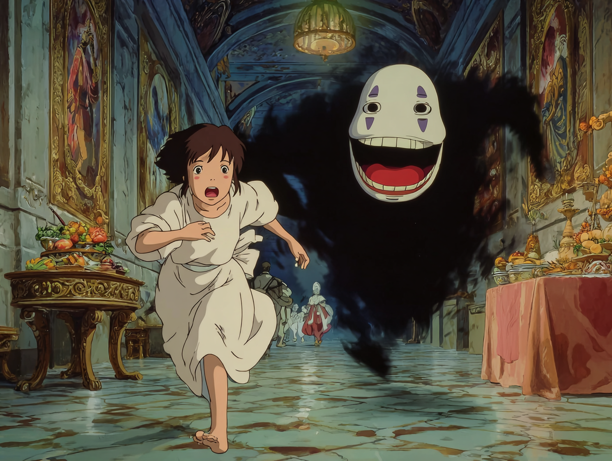 Dark Fantasy Chase in an Ornate Temple – Retro Anime Style