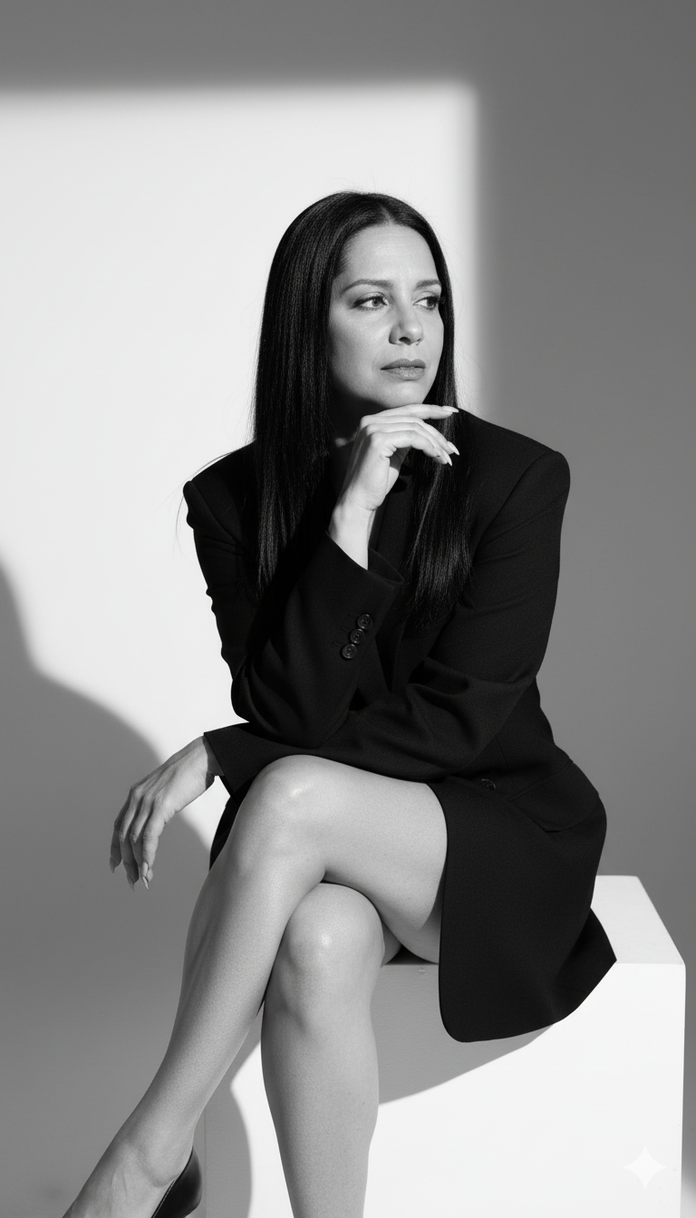 Monochromatic Portrait: Pensive Mature Woman in Black Blazer