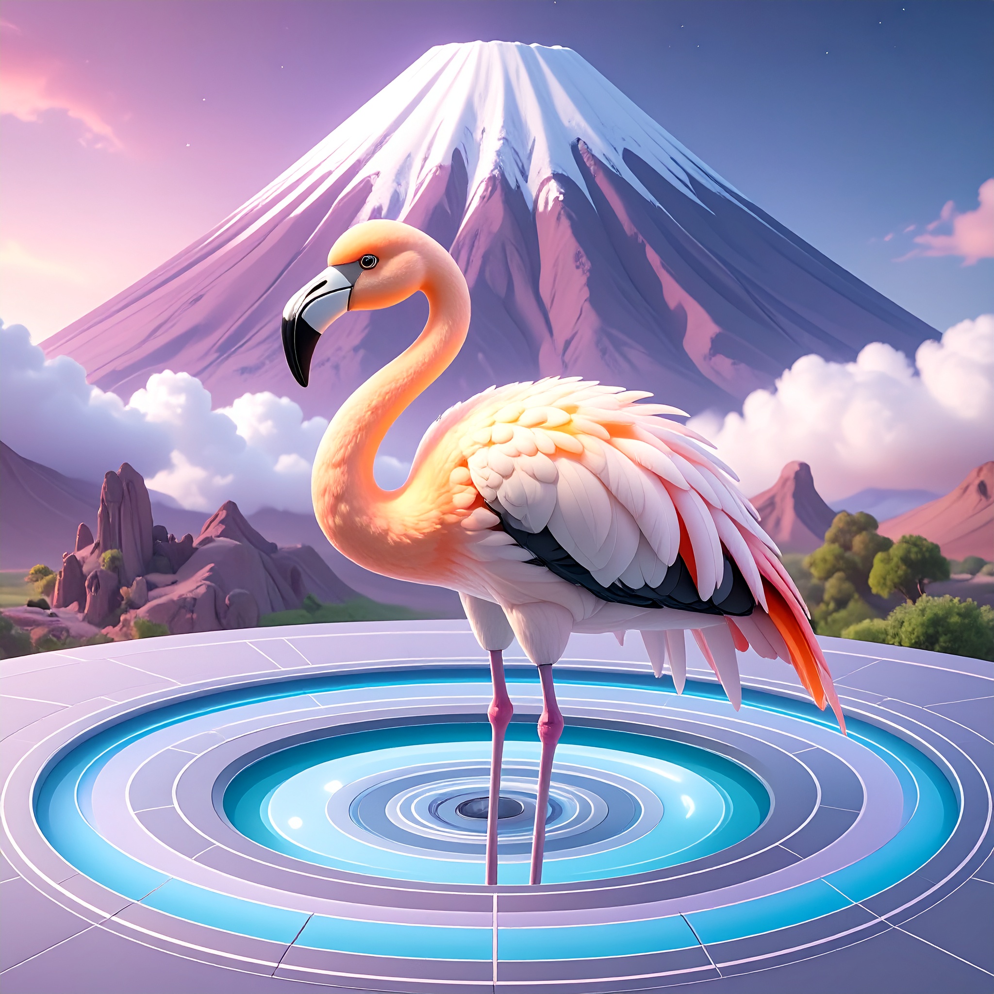 Desert with a large volcano in the background style fable lines and a turquoise mirror-like lagoon with a large robotic biomechanical flamingo, black pink and fluorescent fuchsia, in a floating circul