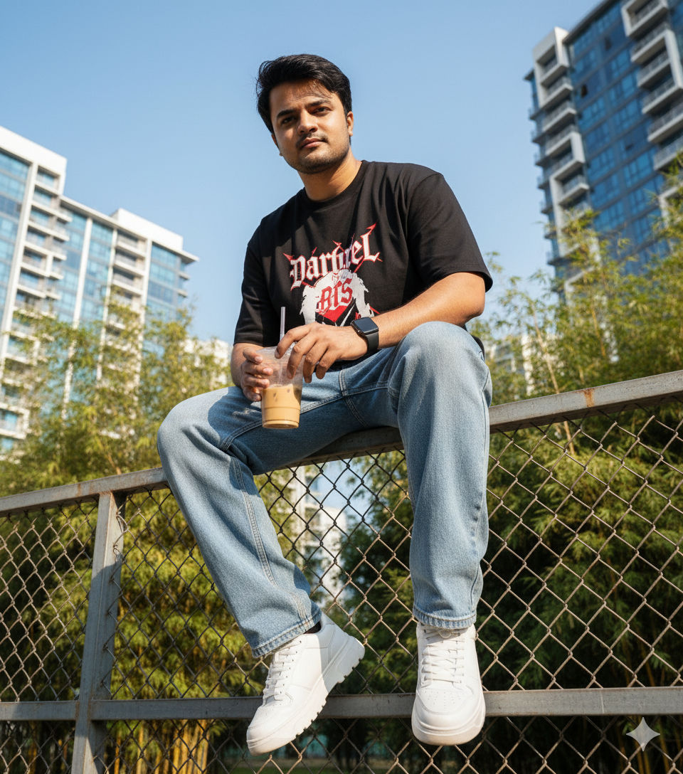 Digital Image: Stylish Man on Fence with Drink