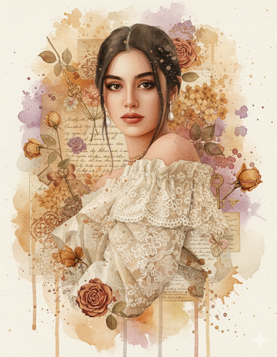 Vintage Watercolor Collage: Elegant Woman Portrait