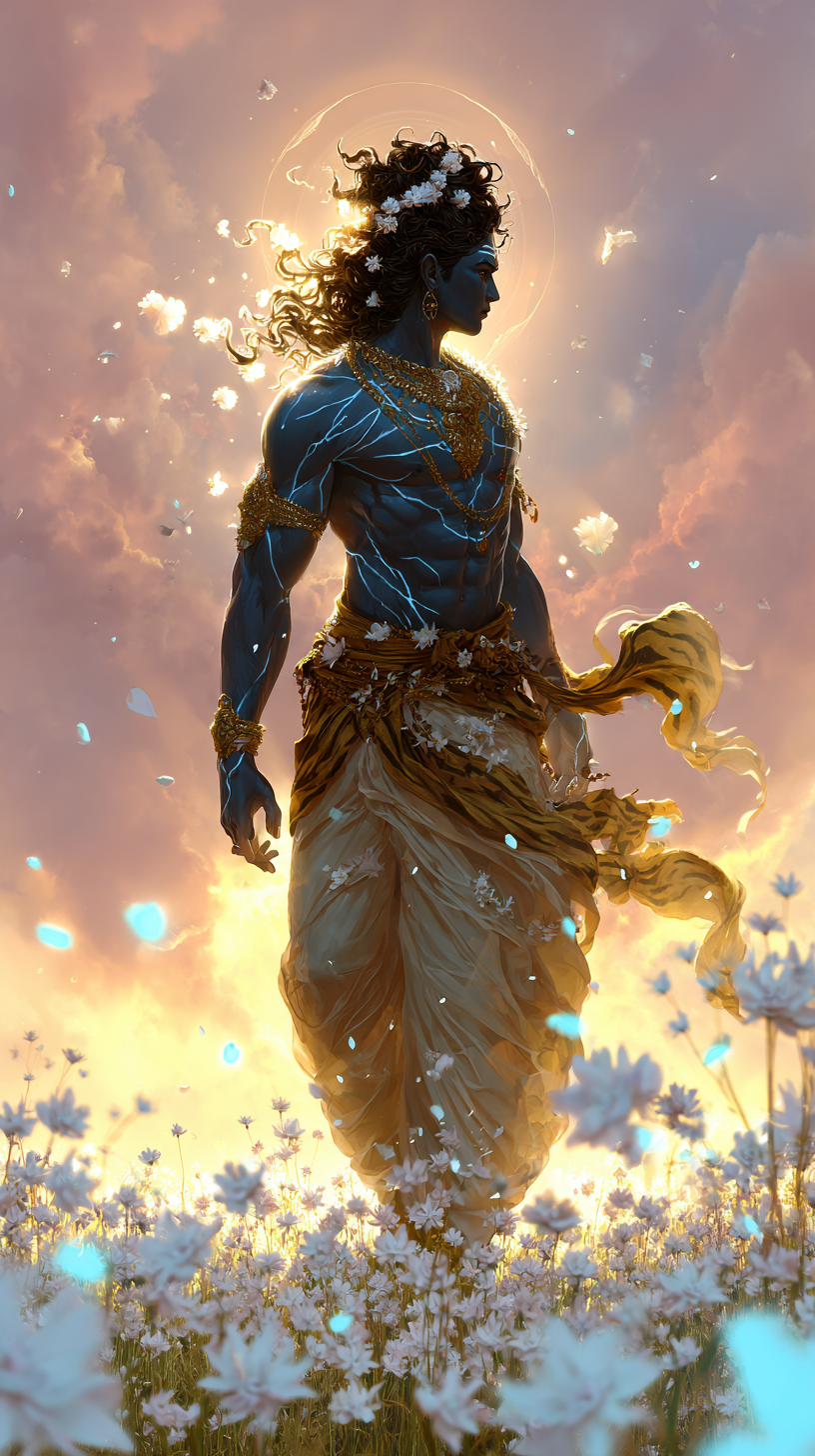 Divine Lord Krishna Amidst Floating White Flowers with Golden Aura