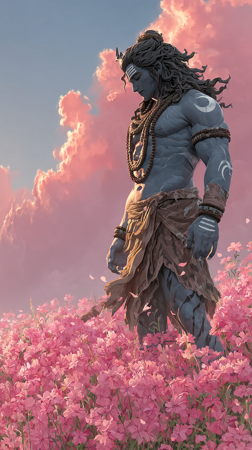 Divine Lord Shiva Amidst Floating Pink Flowers and Celestial Clouds