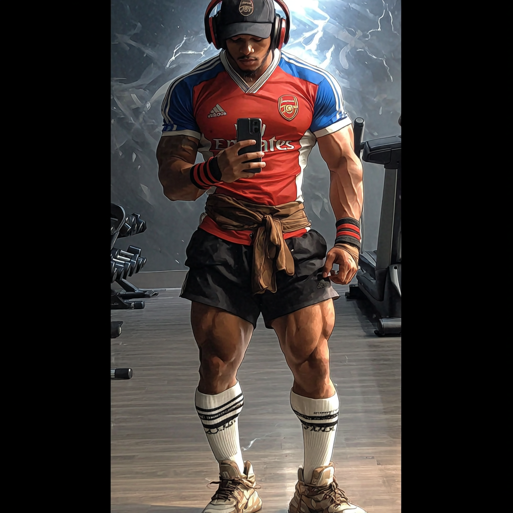 Dragon Ball Z Style Muscular Man Taking Gym Selfie
