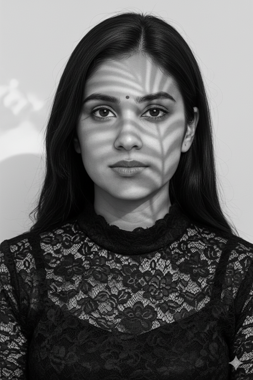 Dramatic Black & White Portrait: Woman with Chiaroscuro Leaf Shadows