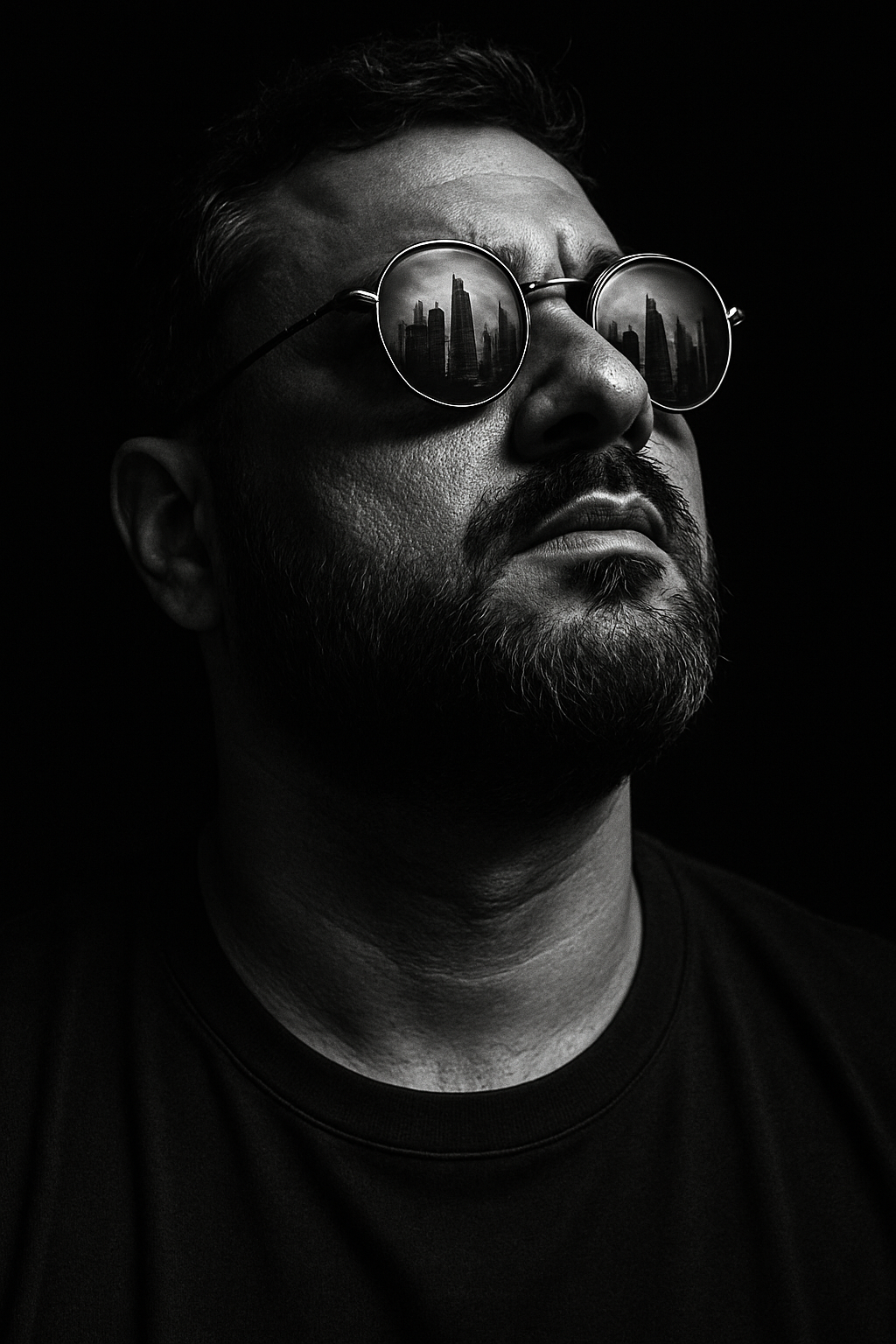 Enigmatic Portrait: Confident Figure in City Reflection