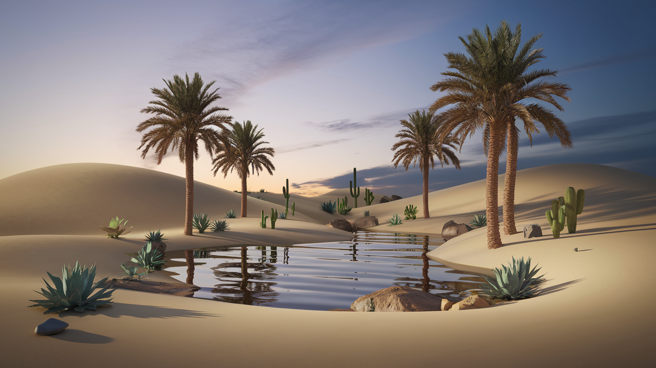Dreamlike Tranquil Desert Oasis at Twilight