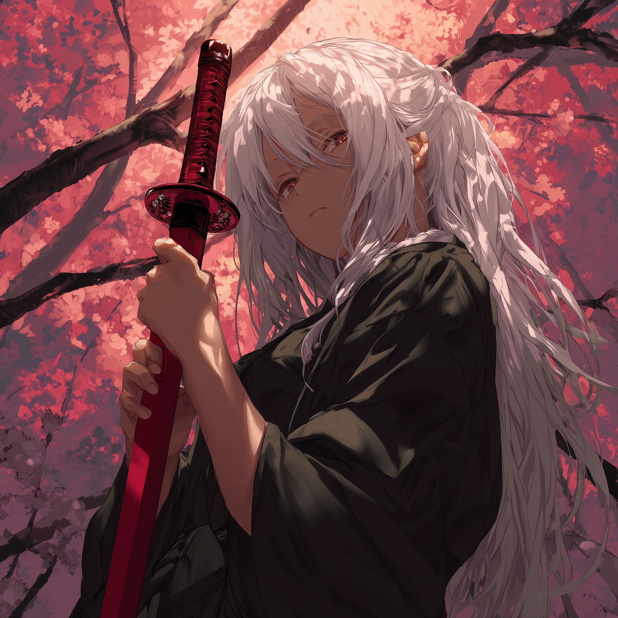 White-Haired Swordswoman with Red Katana in Cherry Blossom Setting