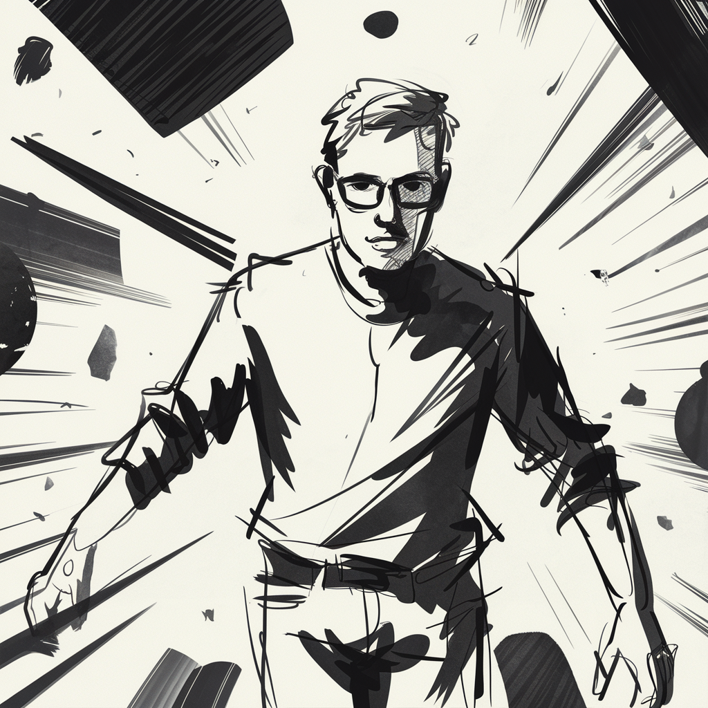Dynamic Ink Illustration of a Man in Asymmetrical Composition