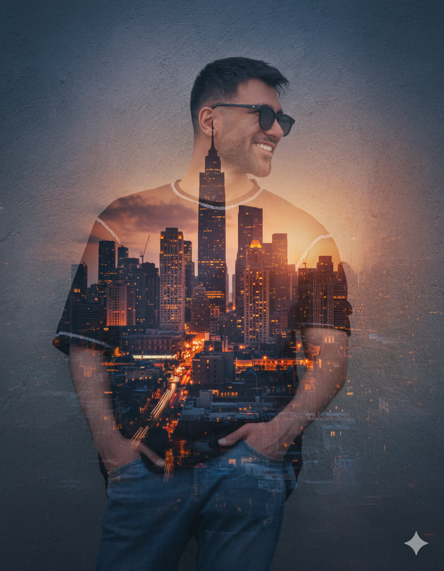 Double Exposure: Man and City Skyline Fusion