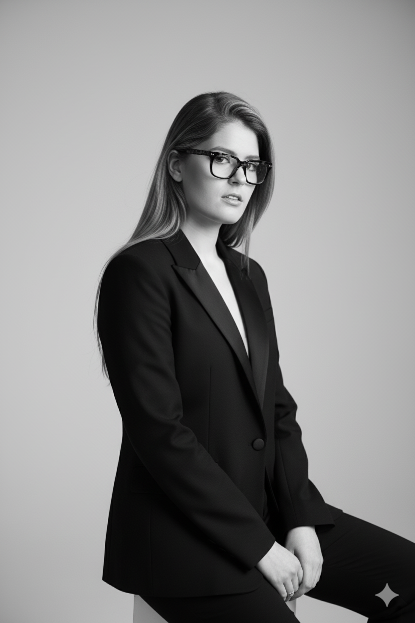 Black & White Editorial Portrait: Stylish Woman in Contemplation