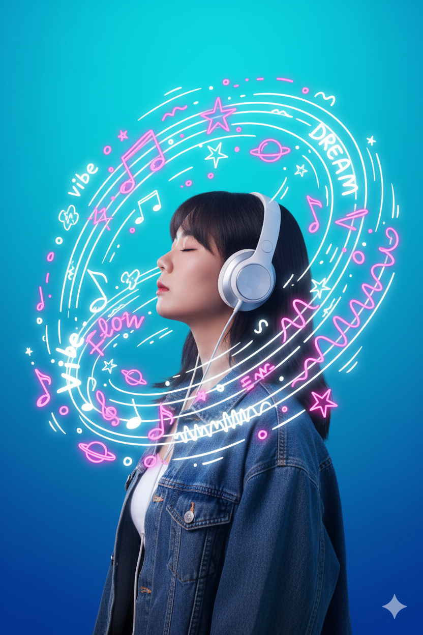 Musical Galaxy: Surreal Poster of Engrossed Woman