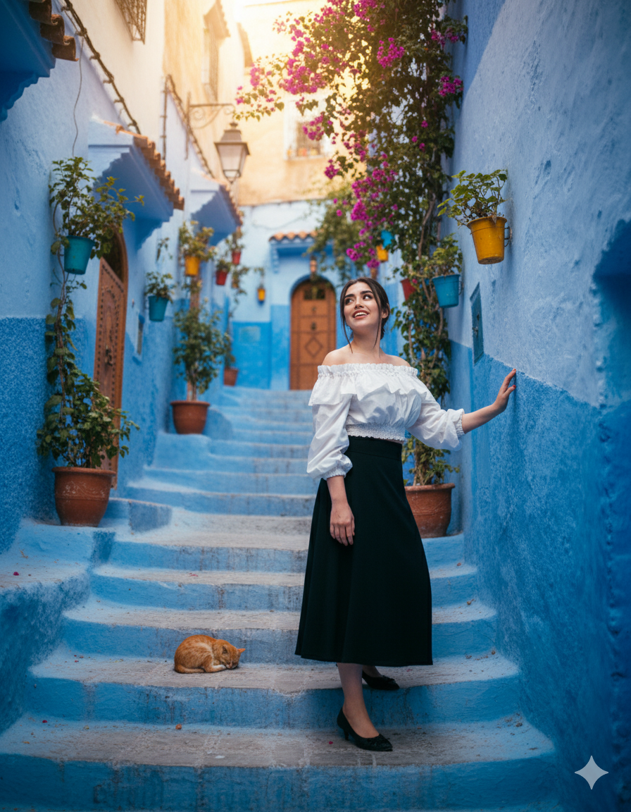 Incorporating a Woman in Chefchaouens Blue Streets