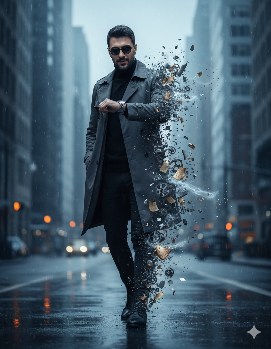 Urban Elegance: Man Walking in Rain