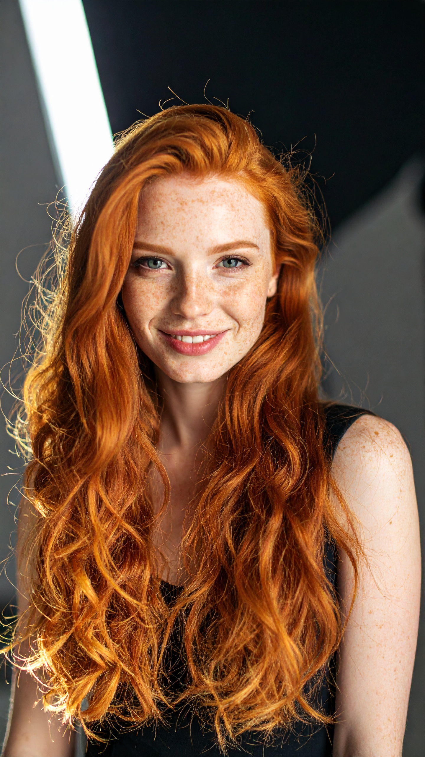 Editorial fashion photograph of a young redhead woman, cit , lit by hard key lights simulating a multi-flash setup, creating defined edges and deep shadows, sharp focus, confident expression, high fas