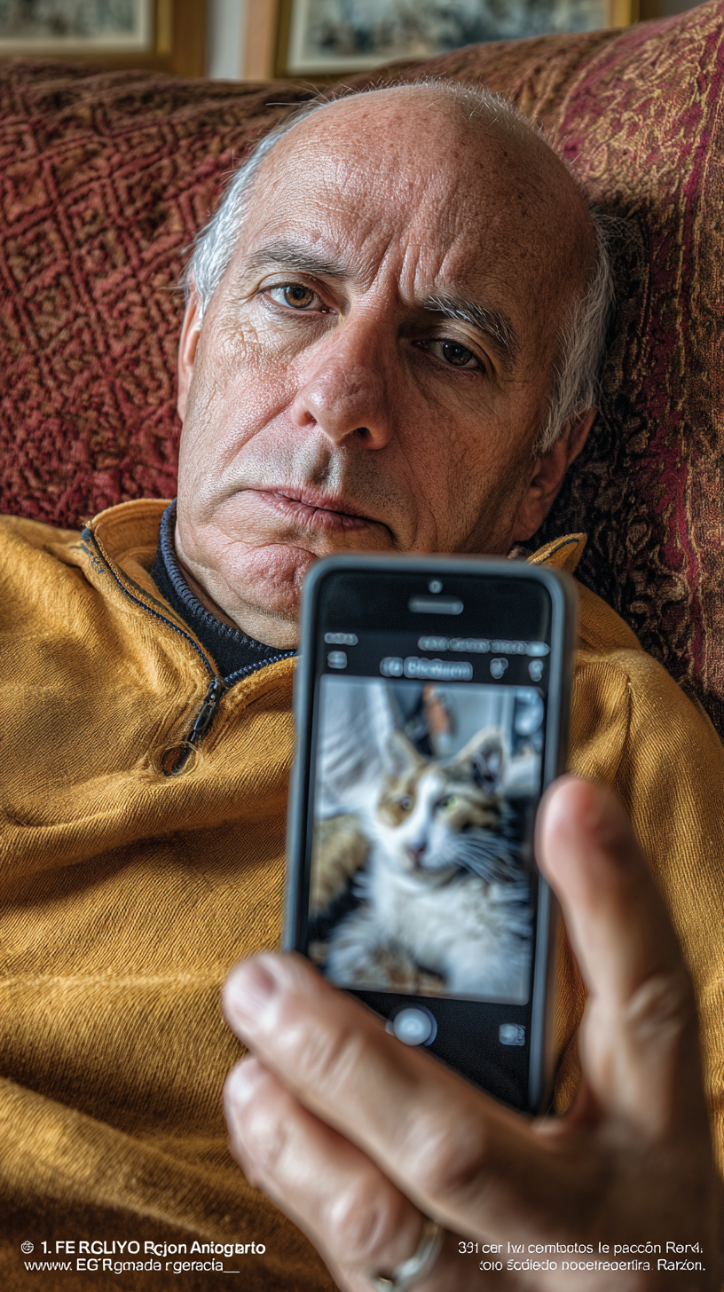 Elderly Man Reflecting Warmly While Holding Phone with Animal Image