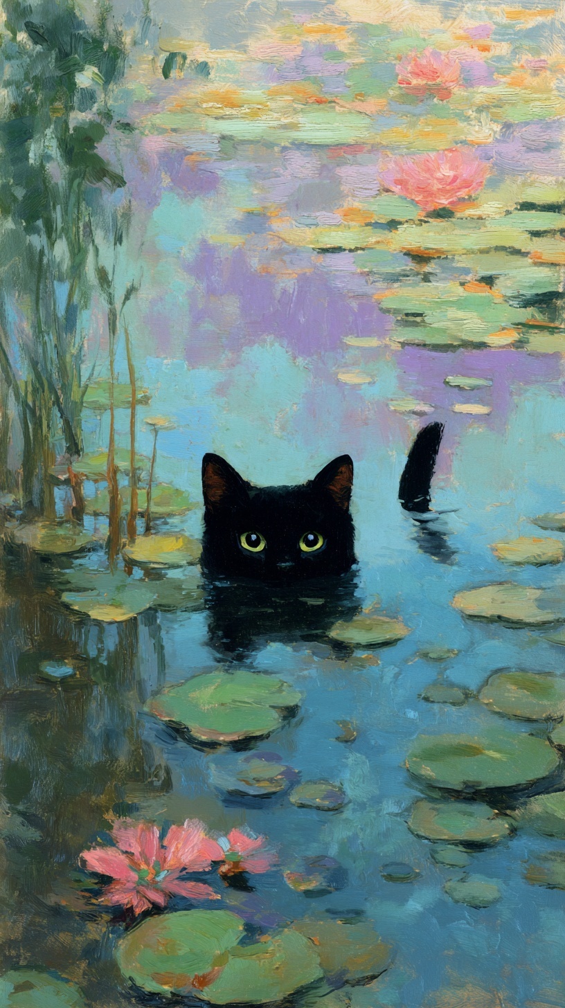 Elegant Black Cat in Monet's Dreamy Waters