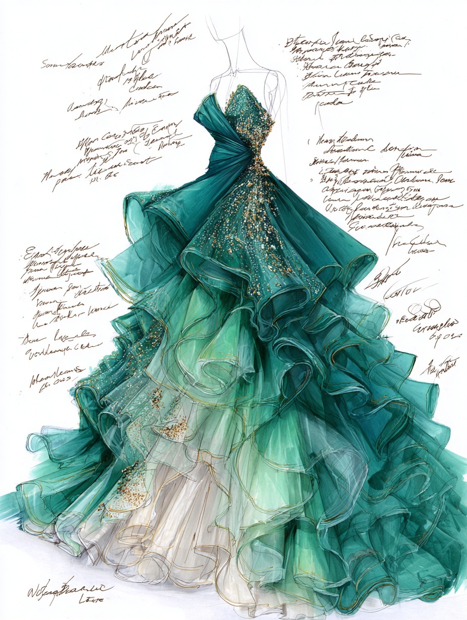 Elegant Emerald Rainbow Ball Gown Design Sketch