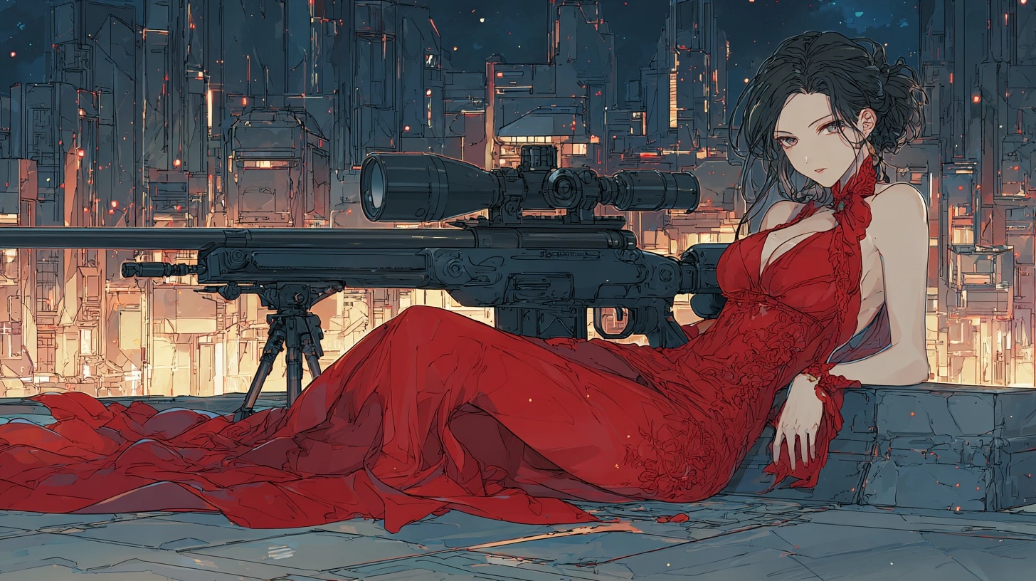 Elegant Sniper Illustration in Vibrant Cityscape