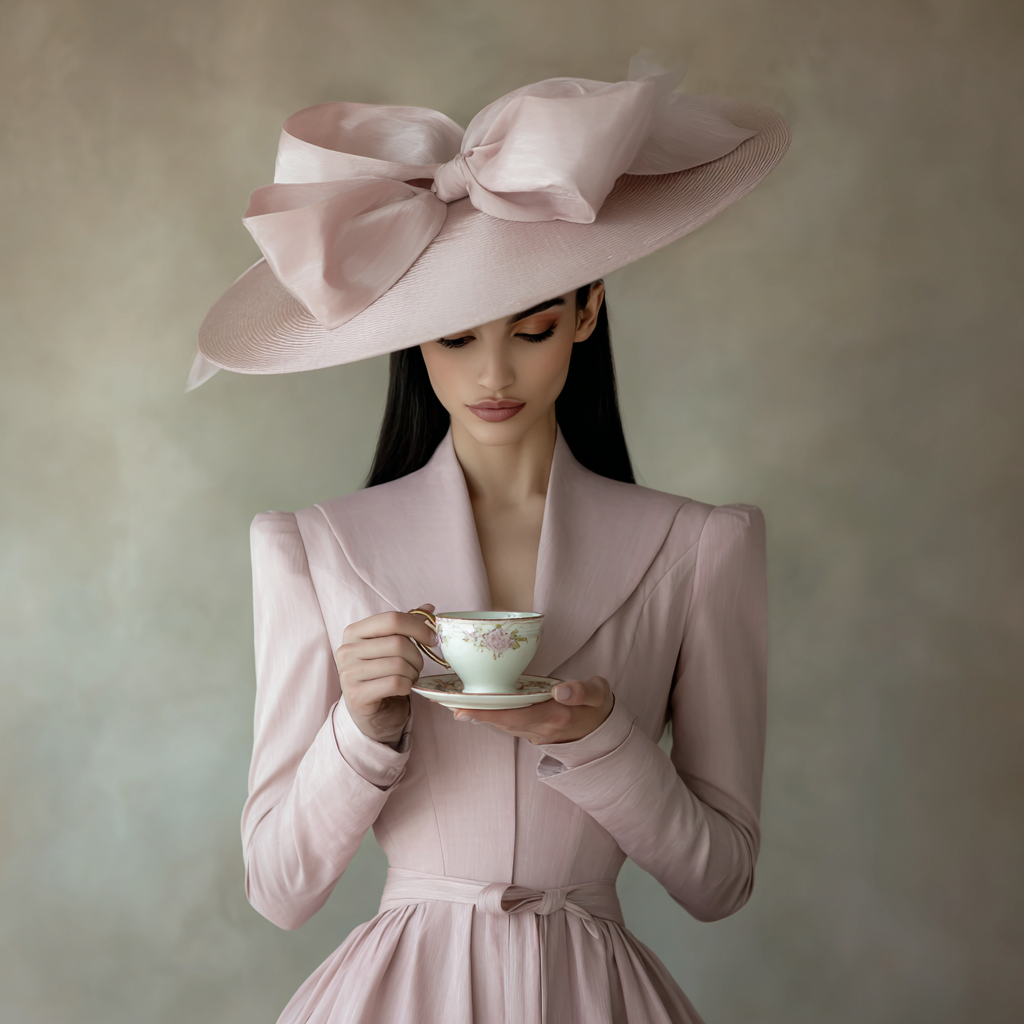 Elegant Woman in Vintage Pastel Pink Attire
