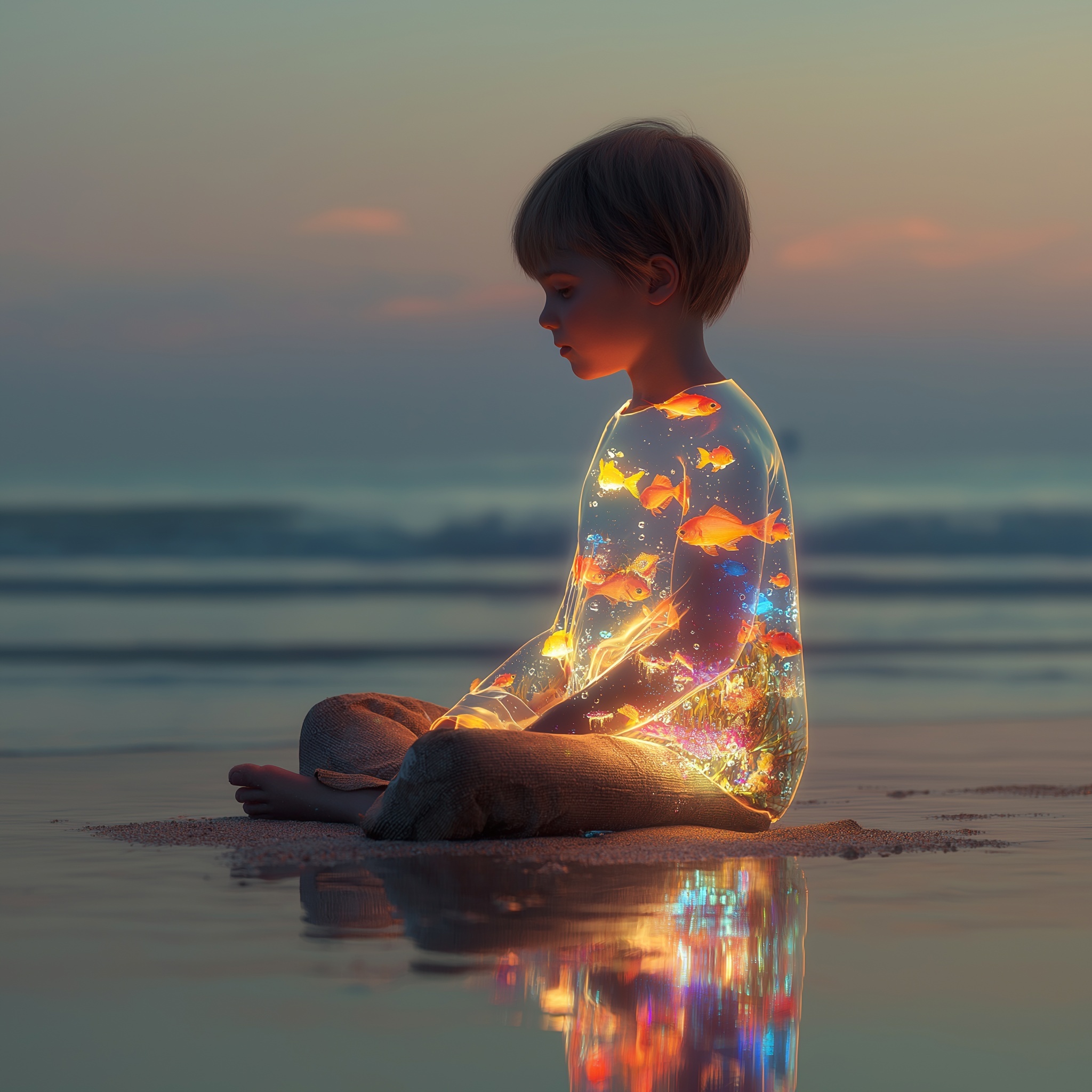 Enchanting Beach Scene with Glassy Child and Fish