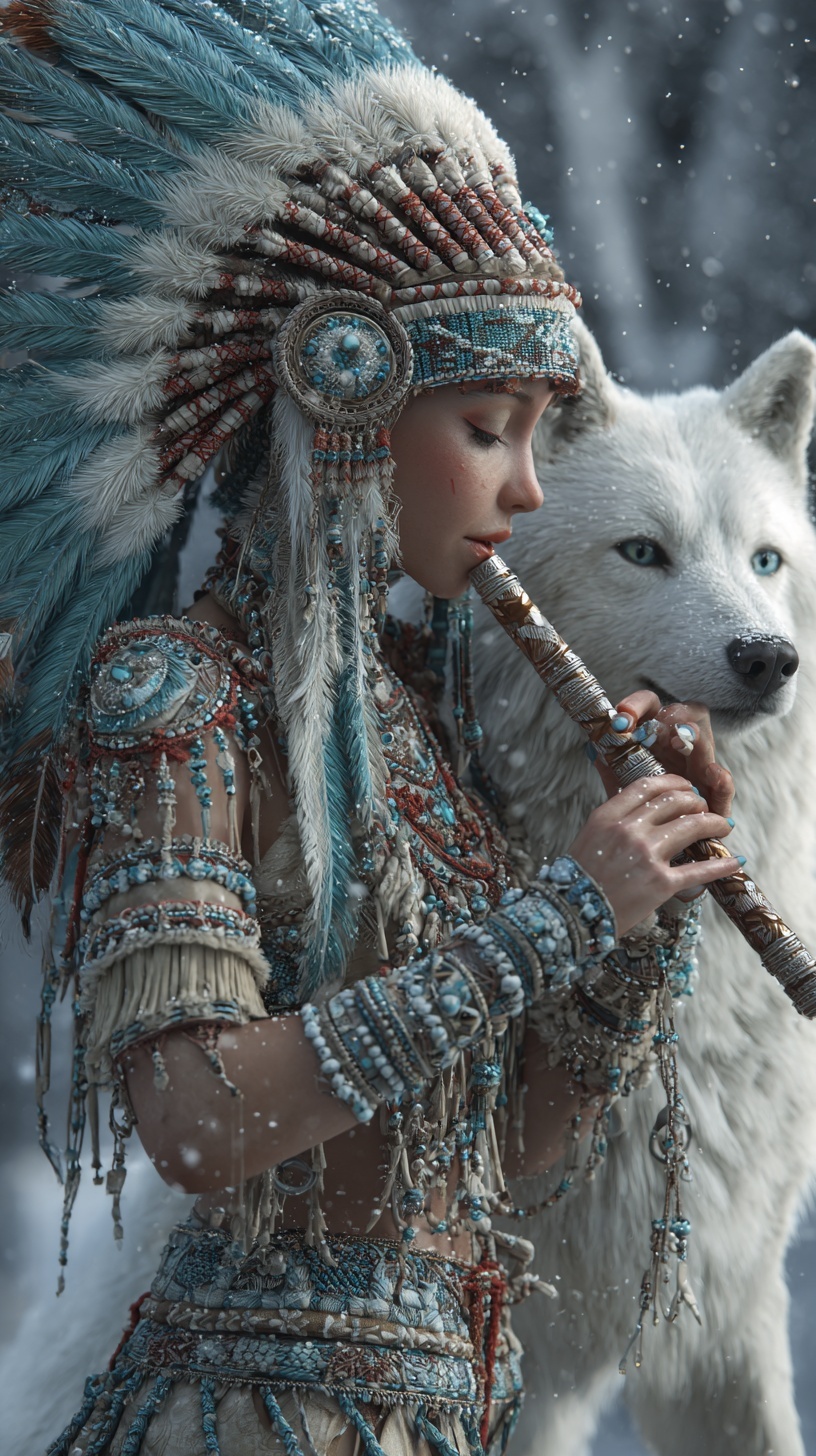 Enchanting Native American Flutist in Winter Wonder