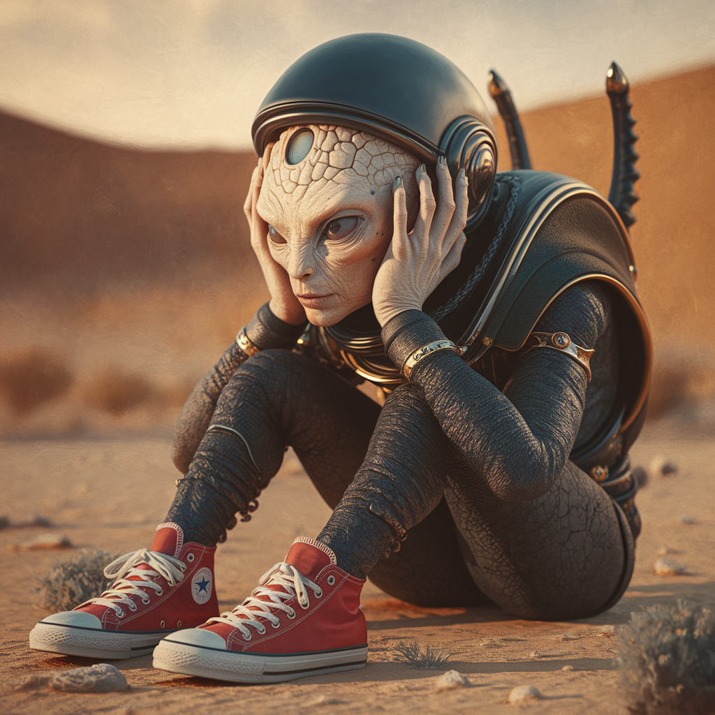 Enigmatic Alien in a Desolate Desert Landscape