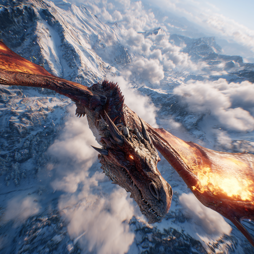 Epic First-Person View of a Fire Dragon Soaring Over Snowy Mountains at Sunrise